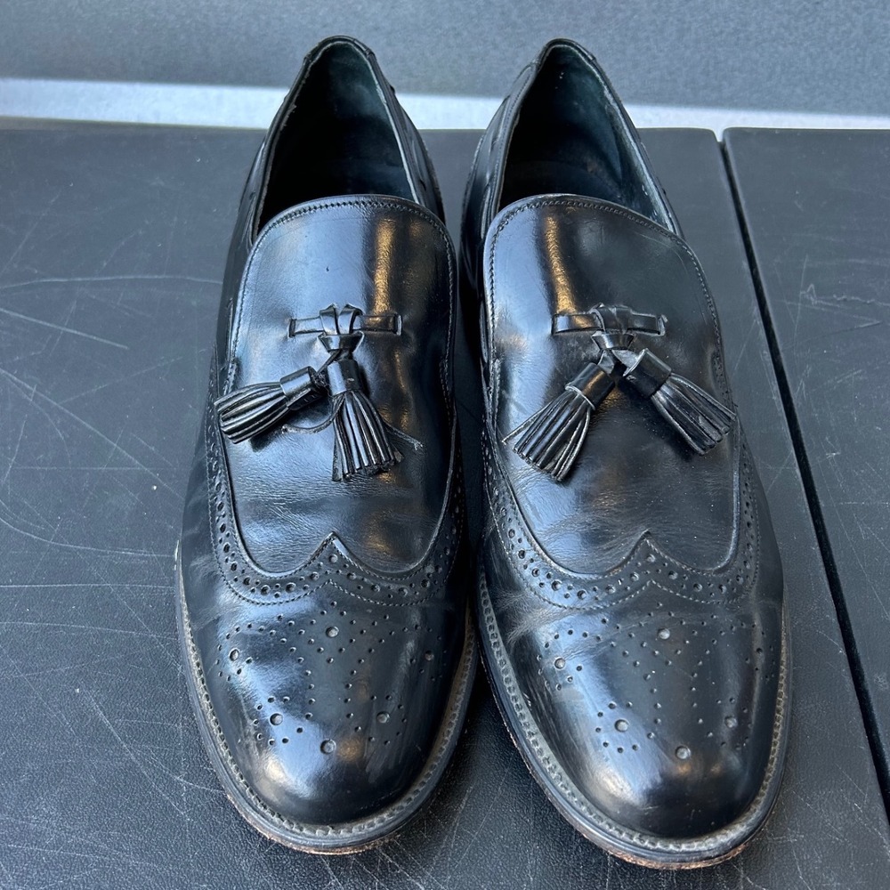 Mens Black Leather Wingtip Tassel Loafer Dress Shoes Size 13 C USA Vibram‎ Sole - Picture 2 of 14